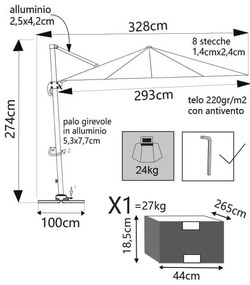 BACTRUS - ombrellone da giardino decentrato 3 x 4 m