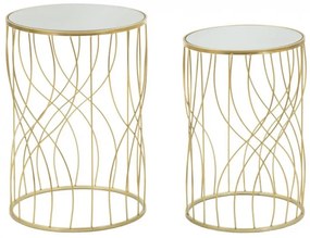 Set 2 tavolini con top in vetro e struttura dorata decorazione lineare Ligne