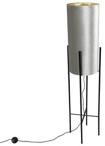 Lampada da terra moderna nera con paralume in velluto grigio - Rich