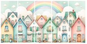 Quadri 5 pezzi – Vicolo colorato sotto il cielo arcobaleno