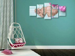 Quadri 5 pezzi – Peonie e cuori di betulla