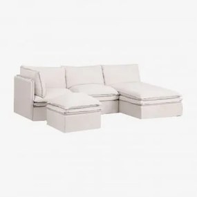 Divano Componibile Con Chaise Longue E Pouf Grace In Lino E Cotone In 3 Pezzi Tessuto Bianco Antico - Sklum