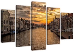 Quadro su tela 5 pannelli Amsterdam città fluviale