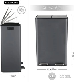 Cestino per la spazzatura grigio scuro in acciaio per raccolta differenziata/con pedale 2x30 l Aliya – Spirella
