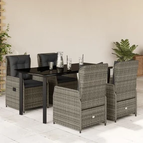 Set da pranzo da giardino 5 pz con cuscini in polyrattan grigio