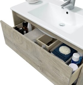 Mobile Bagno Sospeso 80 cm Con Lavabo Specchio Vano Giorno E Cassettone Rovere Alaska VAN