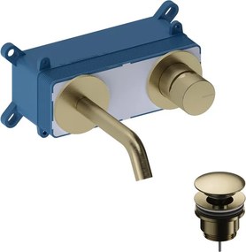 Rubinetto per lavabo Loop k monocomando a parete per lavabo bocca 14cm + corpo incasso + piletta di scarico brushed gold