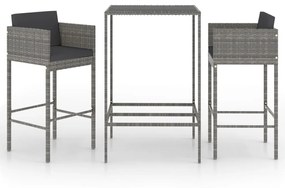 Set bar da giardino 3 pz con cuscini in polyrattan grigio