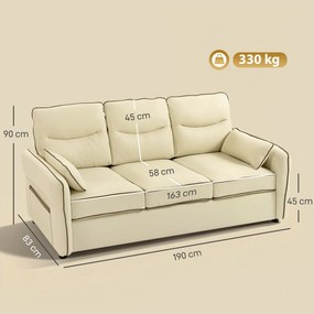 Divano 3 Posti 190x83x90 cm con Imbottitura Spessa Tasca Laterale e 2 Cuscini in Finta Pelle Beige...