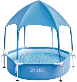Intex - 28209NP – Piscina Fuori Terra Canopy Metal Frame Rotonda, con Tettoia Parasole Removibile e Spruzzino Acqua, 700 l, Acciaio e pvc, Azzurro,