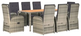 Set da pranzo da giardino 9 pz con cuscini in polyrattan grigio