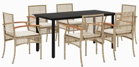 Set da pranzo da giardino 7 pz con cuscini beige in polyrattan