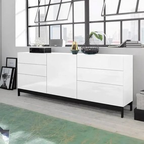 Credenza Moderna con un'Anta e Sei Cassetti METIS ed Elegante Piede in Metallo Bianco Lucido