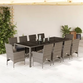 Set da pranzo da giardino 11pz con cuscini polyrattan e vetro