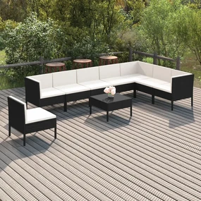Set divani da giardino 9 pz con cuscini in polyrattan nero