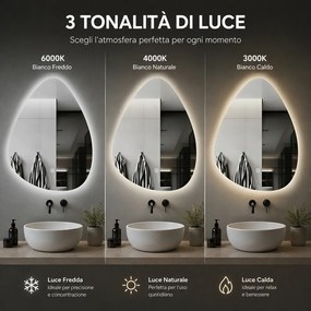 Specchio a Goccia 60x70 cm LED a 3 Colori Dimmerabile Accensione Touch...