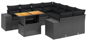 Set divani da giardino 9 pz con cuscini nero in polyrattan