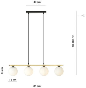 Sospensione Contemporanea 4 Luci Odisseo In Acciaio Oro Nero E Sfere Vetro Bianco