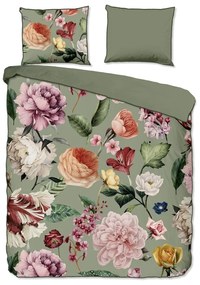 Set copripiumino e federa verde in raso di cotone per letto matrimoniale ed esteso 200x220 cm Fiori – Descanso
