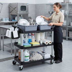 Carrello Pulizie Professionale 115x50x100 cm a 3 Ripiani con 2 Contenitori Rimovibili Bidone Laterale e 4 Ruote in PP Nero...