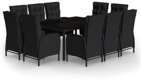 Set da pranzo per giardino 11 pz polyrattan nero