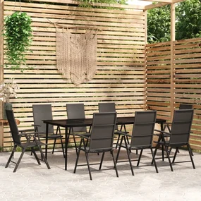 Set da pranzo per giardino 9 pz con cuscini nero
