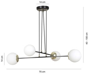 Lampadario Moderno 4 Luci Tsukuyomi In Acciaio Nero E Oro E Vetro A Sfera Opale