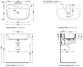 Ceramica Flamininia Mono lavabo 74x48 da appoggio o sospeso senza troppopieno predisposto 3 fori in ceramica bianco