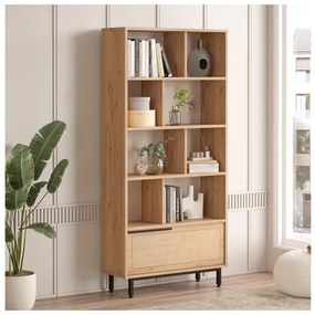 Libreria Moderna Con Vani A Giorno Ed Anta Frontale 84x30x175 Ocean Legno E Rafia