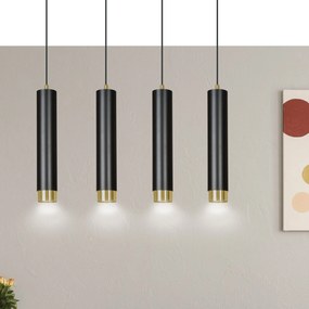 Lampadario 4 Luci Kibo In Acciaio Nero E Tubolari In Nero E Oro