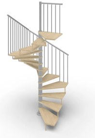 Scala a chiocciola a base quadrata Nara IRIS, con corrimano, larghezza 120 cm, struttura in acciaio grigio argento, gradini in legno faggio, colore faggio