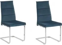 Set di 2 sedie da pranzo imbottite in velluto blu con gambe a sbalzo argentate senza braccioli dal design moderno