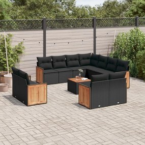 Set divani da giardino 12 pz con cuscini nero in polyrattan