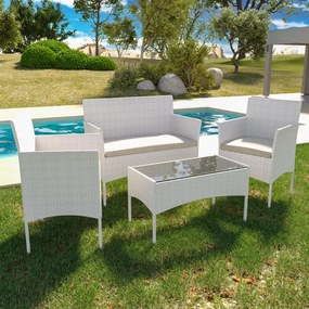 Set Di Mobili da Giardino Salotto Salottino in Rattan 4 Posti con Tavolino E Ripiano In Vetro 2 Poltrone e Divano 2 Posti Per Giardino Esterno Piscina Cuscini Sfoderabili (Bianco)