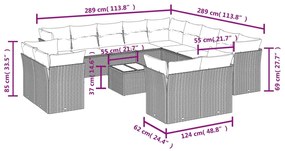 Set divani da giardino 14pz con cuscini in polyrattan grigio