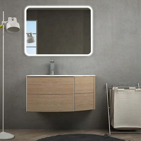 Mobile da bagno Rovere tabacco sospeso 60 cm Rio curvo asimmetrico con specchio led, lavabo a sinistra