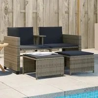 Divano Giardino 2 Posti con Tavolo e Sgabelli Grigio Polyrattan 368418