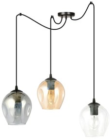 Sospensione 3 Luci Parsifal In Acciaio Nero E Vetro Multicolor Con Cavi Lunghi