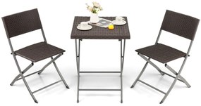 Costway Set di mobili da pranzo in vimini pieghevole per patio, Set di tavolo e sedie da esterno da 3 pezzi Marrone scuro