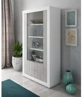 Credenza Boiro, Vetrina alta a 2 Ante, Madia moderna con ripiani, Cm 105x42h191, Bianco e Cemento