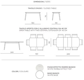 Tavolo allungabile 240 cm con base metallo e piano effetto marmo Bianco COSMO