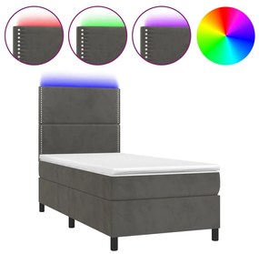 Letto a molle con materasso e led grigio scuro 80x200cm velluto