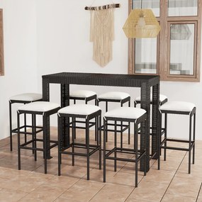 Set da Bar da Giardino 9 pz con Cuscini in Polyrattan Nero