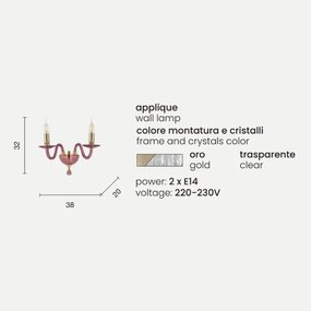 Applique PAGANINI a 2 LUCI in vetro lavorato a mano ORO