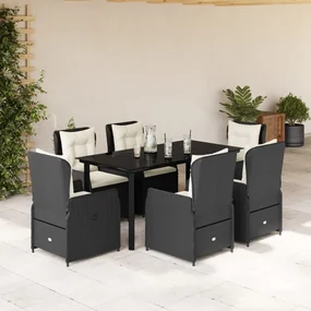 Set da pranzo da giardino 7 pz nero con cuscini in polyrattan