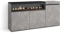 Credenza, Mobile soggiorno 150x75x35cm, 3 Porte, Camino elettrico, Stile moderno colore Cemento