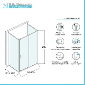 Box doccia 3 lati 70x160x70 cm con porta scorrevole in vetro trasparente Ted