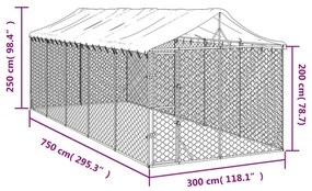 Cuccia cani da esterno tetto argento 3x7,5x2,5m acciaio zincato