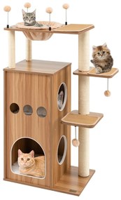 Costway Albero per gatti moderno alto 132,5cm, Torre tiragraffi per gatti con amaca piattaforme imbottite Naturale