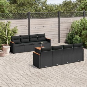 Set divani da giardino 9 pz con cuscini nero in polyrattan